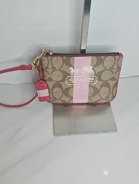 Coach Brown Signature Canvas Wristlet with Pink Stripe
